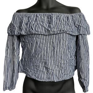Mossimo Peasant Blouse S Blue White Striped Long Sleeve Off Shoulders Coquette